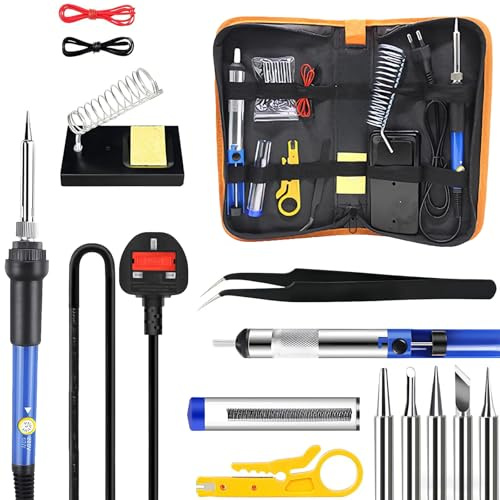 Soldering Iron Kit, 60w Soldering-Iron Gun with Adjustable Temperature 180-480°c, 15 in 1 Solder Iron Kit with Solder Wire, 5 Soldering Tips, Desoldering Pump, Wire Stripper Cutter, Stand, Tweezer
