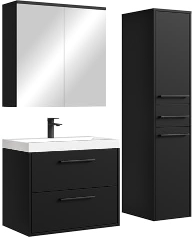 Badplaats B.V. Badezimmer Badmöbel Set Florence (Matt Schwarz, Komplettset mit Spiegelschrank und Hochschrank)