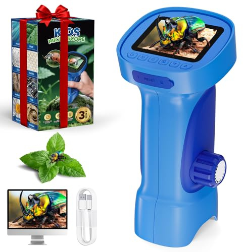 Microscopio para Niños, Temodu Pantalla IPS de 2.4'' Mini Microscopio Digital, Recargable 1000X, con 8 Luces LED, Año Nuevo/Cumpleaños/Navidad (Blue)