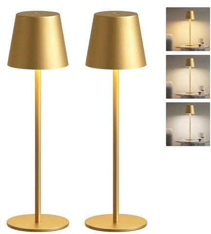 PreeOtti 2 Stück Tischlampe Kabellos Akku, LED Tischleuchte Dimmbare, Nachttischlampe Touch mit 3 Farbtemperatur, Outdoor Tischlampe USB-C Aufladbar für Nachttisch Esstisch Camping(Gold)