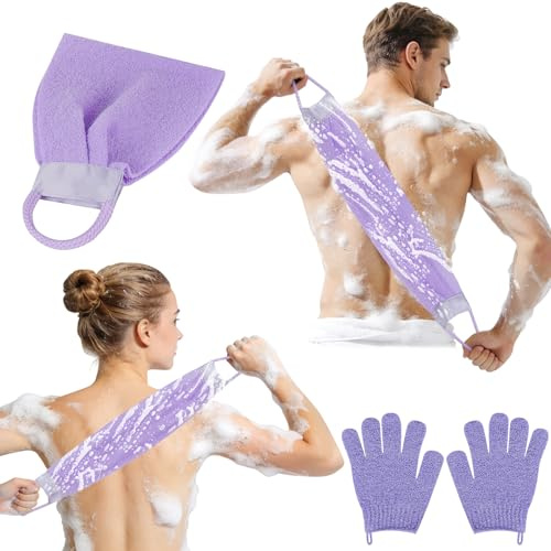 AYBUY peeling-handske ryggskrubbar-set, peeling-handske + bambufiberskrubbsvamp, duschhandske badhandskar för kropp, dusch, borttagning av död hud, skrubber (lila)