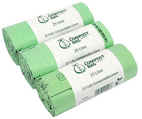 25 Litre x 75 Compostable Caddy Bags - Compost Bag Kitchen Food Waste Compost Liners 25L - EN 13432 - Compost Bag Pedal Bin Bags with Composting Guide - Kerbside Bin Liners