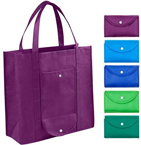 CLEVERFECT Extra Large Grocery Bags (Set of 5) - Foldable Into Pouch, Durable Heavy Duty Totes With Long Handles, Washable & Eco Friendly