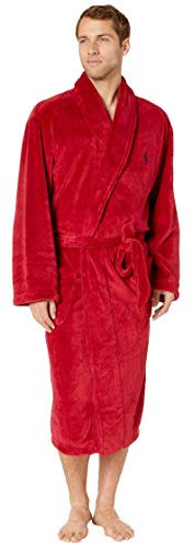 POLO RALPH LAUREN Herren-Bademantel aus Mikrofaser-Plüsch, Eaton Rot/Cruise Navy Pony-Print, Large-X-Large