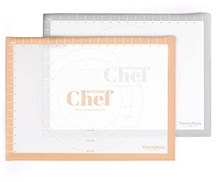 ThermoTasty Silikon Backmatte 2er-Set Kreis-Reliefs und Längeneinheiten in cm antirutsch wiederverwendbar Backunterlage Teigmatte Ausrollmatte Backfolie Arbeitsmatte, ca. 40 x 30 cm