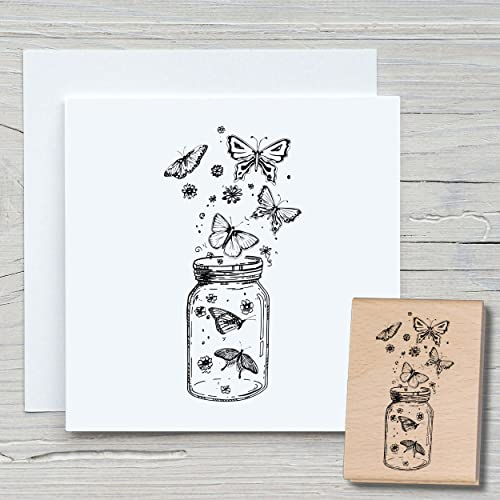 NEWSTAMPS Stempel Schmetterlingsglas Motivstempel groß aus Holz & Gummi zum Karten basteln, Holzstempel, Tiere, Tierstempel, Scrapbook, Textilstempel, Deko, Kinder