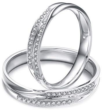 Daesar 18K White Gold Rings Women and Men Wedding Rings Set Gold Hollow Twisted Lines 0.19ct Matching Diamond Rings for Couples White Gold Rings Women Size K 1/2 & Men Size U 1/2