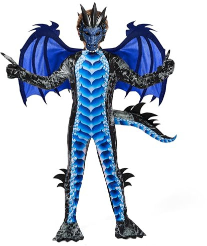 Spooktacular Creations Kind Jungen Schwarz und Blau Drachenkostüm, Drachenflügel und Maske, Halloweenanzug Drachenanzug für Jungen für Halloween-Partys, Cosplay-L