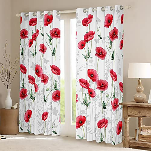 Loussiesd Rot Blumen Blickdichte Vorhänge Mohn Druck Fenstervorhang 175x140cm Natur Bauernhaus Wildblumen Wiese Bemalt Pflanze Dekorativ Vorhänge Grün Weiß Rot Mohn Mikrofaser für Mädchen Frauen