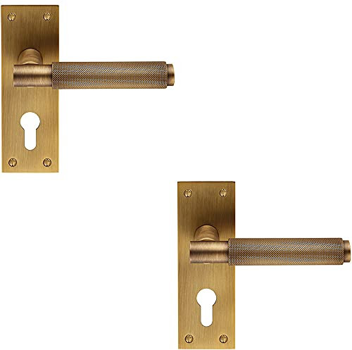 2 PACK Knurled Round Lever on Slim Euro Lock Backplate - 150 x 50mm- Antique Brass | Designer Lever on Backplate Door Handle - Internal Door Hardware - Lock, Euro, Oval and Latch Options Available