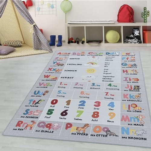 Kinderteppiche für Kinder Alphabet Buchstaben Zahlen Tiere Spielteppich Waschbar Jungen & Mädchen Teppich für Kinderzimmer Babyzimmer Spielzimmer Teppich Farbe: Grau, Grösse: 120 x 170 cm