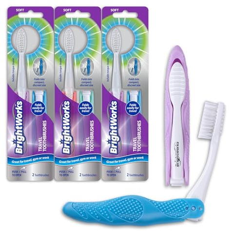 BrightWorks Faltbare Reisezahnbürste (6 insgesamt, 3 Sets von 2) mit integriertem Bezug, tragbar mit weichen Borsten und Zungenreiniger, für Camping, Wandern, Reisen, Arbeit, Fitnessstudio, Geldbörse,