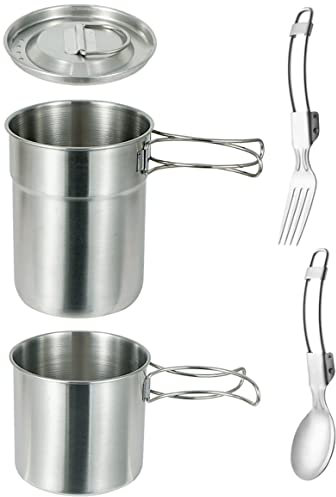 DZRZVD Camping Cups and Mugs Pot 2Pcs-304 Food Grade Stainless Steel-Foldable Handle-Outdoor Cookware Set with Vented Lid & Spoon Fork-33oz Big+24oz Small for Backpacking Picnic Hiking Traveling