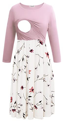 Smallshow Nursing Dresses 3/4 Sleeve Breastfeeding Dress for Women, Pink-svp033, M