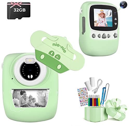 Kinderkamera, 30MP 1080P Sofortbildkamera Kinder Drucken Schwarzweiß Foto mit 2,4 Zoll Bildschirm, Digitalkamera Kinder mit 32GB TF-Karte, 6 Farben Pinselstift, Dual Kamera, Geschenk für Kinder, Grün