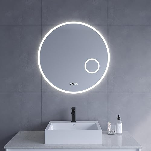Runder LED Badspiegel 80cm Uhr Rundspiegel mit hinterleuchteter Beleuchtung und integrierten Kosmetikspiegel mit 3-facher Vergrößerung Antibeschlag Touch Schalter Dimmbar Kaltweiß 6400K Wandschalter
