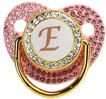 Baby-Schnuller, mit Strasssteinen Besetzt, Ergonomisch, Solide und Golden, Leichtes und Flexibel Geschwungenes Design für zu Hause (Buchstabe E)
