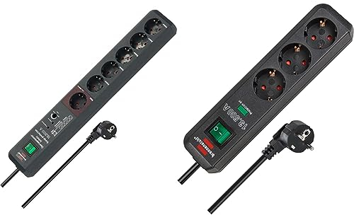 Brennenstuhl Secure-Tec Steckdosenleiste 6-Fach & Eco-Line Steckdosenleiste 3-Fach mit Überspannungsschutz (Mehrfachsteckdose mit erhöhtem Berührungsschutz, Schalter und 1,5m Kabel) anthrazit