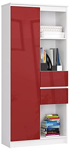 AKORD Büro-Bücherregal CLP 80 cm 7 Regale 2 Schubladen und Türen | für Dokumente Bücher für einen Schlafzimmerschrank Wohnzimmer Schrank Laminierte Platte 16 mm | Farbe Weiß/Rot glänzend