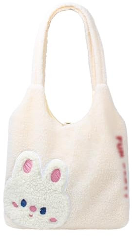 MEGAUK Damen Plüsch Umhängetasche Große Kapazität Cartoon Bär Stickerei Shopper Schultertasche Tote Bag für Uni Arbeit Mädchen Schule (07887 Weiß)
