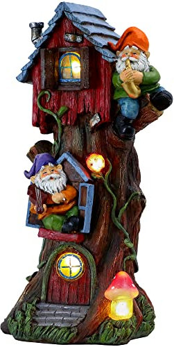 TERESA'S COLLECTIONS 11 Tall Large Garden Statues Gnome Treehouse with Solar Outdoor Light, Garden Sculptures Statues Figurines Resin Lawn Ornaments Patio Yard Decor Gifts for Mom Birthday