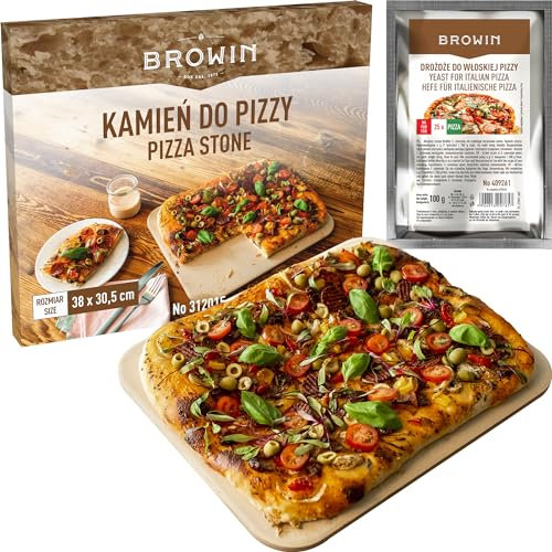BROWIN® Rechteckiger Pizzastein aus Cordierit 312015 + Hefe im Set | 38x30,5 cm | Hochwertiger Stein für perfekte Pizzen | Geeignet für Backöfen und Grills | Hitzebeständig und langlebig