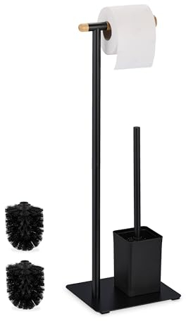 Relaxdays Piantana Portarotolo e Scopino, Portascopino da Bagno, Carta Igienica, Supporto Acciaio e bambù, Naturale Nero
