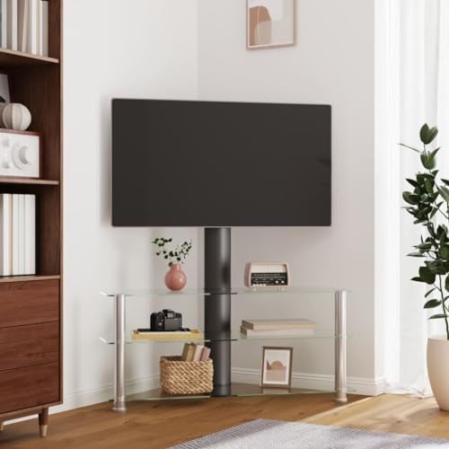 ZEYUAN TV-Eckregal mit 3 Ablagen für 32-70 Zoll Schwarz und Silbern, Fernsehtisch, Tv Lowboard, Fernsehschrank, Tv Bank, Tv Table, Tv Kommode - 358180