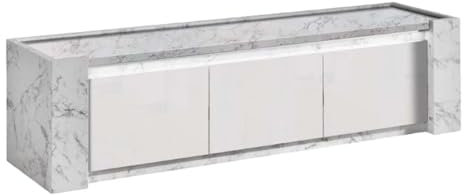 AltoBuy PRAVA - Meuble TV 3 Portes 195cm Laqué Blanc et Effet Marbre avec LEDs