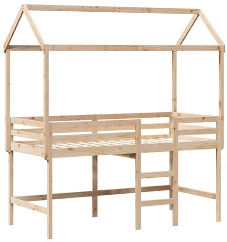 vidaXL Hochbett, Kinderbett mit Leiter Dach Sicherheitsgeländer, Spielbett für Kinderzimmer, Bett Holzbett Einzelbett, 90x190cm Massivholz Kiefer