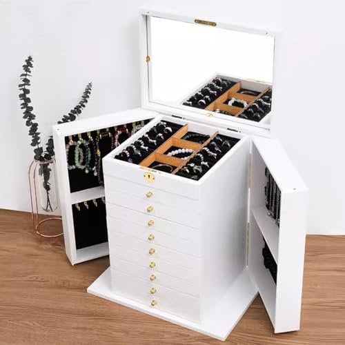 Wooden Jewelry Box with Lock and Key 10 Tier Jewelry Box with Mirror, Double Door and Drawer Design, for Rings Earrings Bracelets Necklaces(White)