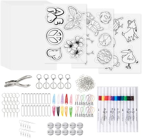 Rairsky 218 Stück Schrumpffolie Set, Schrumpffolien Set, Enthält 15 Stück A5 Schrumpfpapier, Locher, 12 Stück Farbmarker und 206 Stück DIY Schlüsselanhänger Zubehör für DIY Crafts Schmuckherstellung