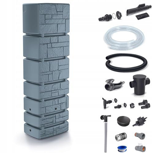 Dikel - Tower Stone - Regentonne - Wassertank - Regenfass - Regenwassertonne mit Zubehör - Regenwassertank - Wassertonne, Wasserfass, Regenwasserspeicher 350l, Grau