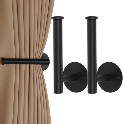 Paquete de 2 soportes de cortina autoadhesivos o perforantes, alzapaños de metal sin taladrar con adhesivo, ganchos y soportes para cortinas de sala de estar y dormitorio (2, negro)