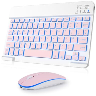 Nsyee Bluetooth Keyboard and Mouse, Universal Compact Wireless Keyboards, Rechargeable Portable for iPad/Samsung/Tablet/iOS/Android/Windows, UK Layout (Pink, Backlit Keyboard and Mouse)