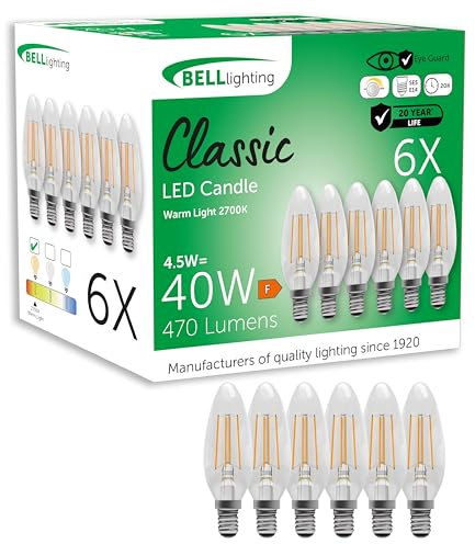 Bell Lighting E14 Small Edison Screw Cap Filament Dimmable Light Bulb LED Candle 6 Pack | Warm White 2700K | 470 Lumen 4.5W | Energy Saving Candle LED Light Bulb | 40W Halogen Lamp Equivalent