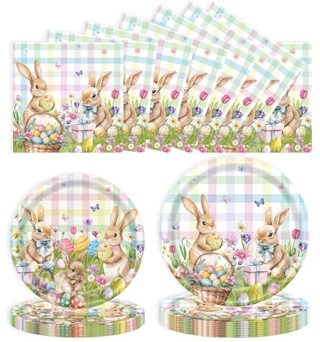 60Pcs Pack Easter Paper Plates and Napkins Party Supplies, Easter Bunny Egg Disposable Dinner Plates Dessert Plates and Napkins for Spring Holiday Easter Party Decorations Serves 20 (Easter)