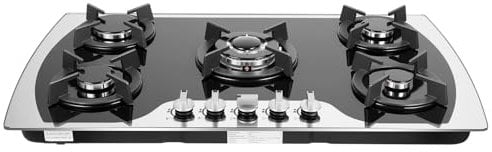 Tagtuell Cocina de gas de 5 fuegos, placa de gas de vidrio templado negro con soportes de hierro fundido, placa de gas empotrada/independiente, protección automática del termopar