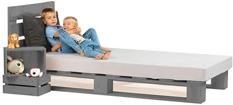 Lermowood Palettenbett M1 aus Holz 90 x 200 cm Grau mit Kopfteil Holzbett 20cm Stabiles Seniorenbett Kinderbett Jugendbett Gästebett erhöhtes Einzelbett Bettgestell Futonbett Komforthöhe Naturholz