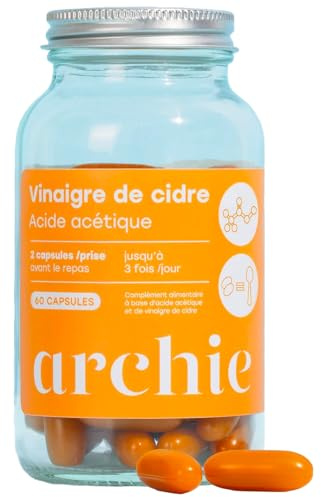 Archie, Capsules Vinaigre de Cidre Biologique - Naturel, sans gluten, sans lactose. Cure de 1 mois. 60 capsules. Made in France.