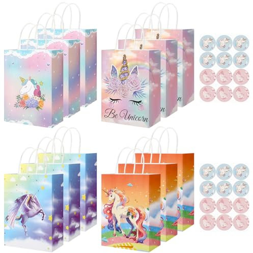 Vyuwast 12 Stück Papiertüten Kinder,Einhorn Geschenktüten Papier Tüten mit 2 Aufklebern für Süßigkeiten, Party, Schule, Hochzeit