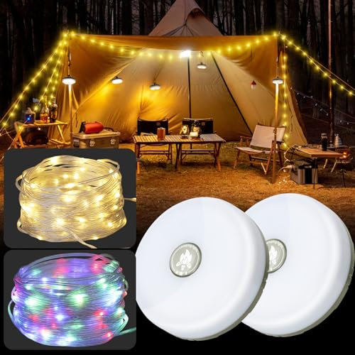 UODIR 2 Pack Camping String Lights, 10M Outdoor Lights with 8 Modes, Waterproof, Quick Storage, Type-C Fast Charging, Portable 2-in-1 Lantern & Lights for Camping, Power Outages & Patios
