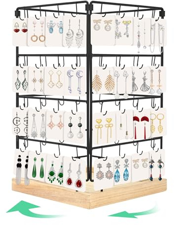awagas 360°Rotating Earring Display Stand for Vendors, 4 Tier Jewellery Display Stand with Wooden Base and 64 Hooks, Large Capacity Earring Holder Organiser for Selling Bracelets Necklaces