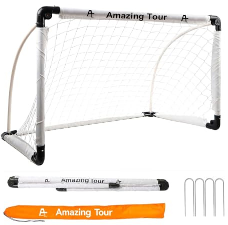Football Goal for Garden, Portable with Carry Bag & Ground Pegs | PVC Frame | 90 x 60 x 60 or 115 x 80 x 80 cm | White | Ages 3-11 | Indoor & Outdoor Play | Durable Net | Single Goal