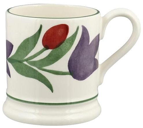 Emma Bridgewater Tulips Border 1/2 Pint Ceramic Mug, White with Purple and Red Floral Design