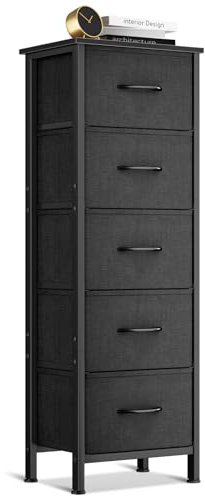 Coleshome Tall Chest of Drawers Bedroom, 5 Fabric Drawers, Black | Small and Narrow Drawers, Sturdy Steel Frame, Wooden Top, Suitable for Bedroom and Living Room, 40 x 30 x 120 cm