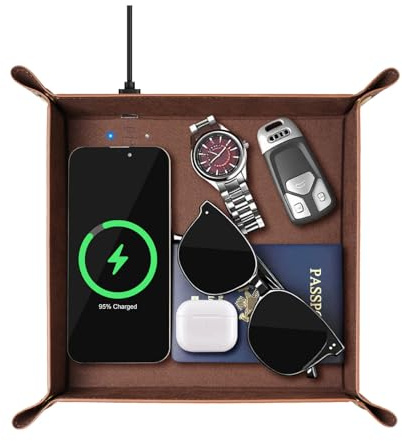 Hi-HONX Wireless Charging Valet Tray, Travel Essentials Organizer 8.27in | Up to 15W Qi fast charging, foldable microfiber leather, scratch-resistant microfiber suede interior, portable snap design