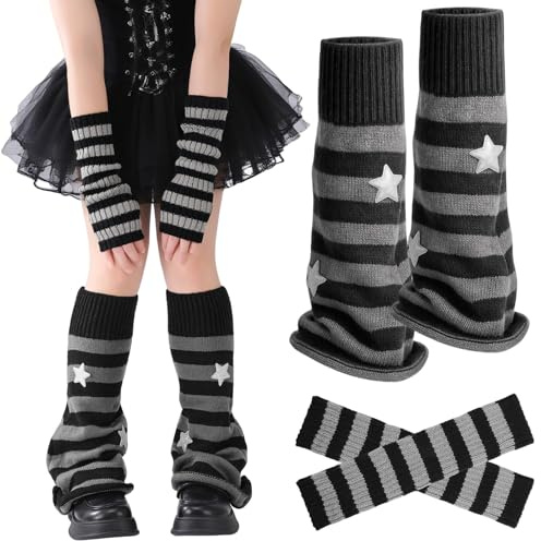 Y2K Beinwärmer mit Armstulpen, Langer Strickstulpen, Goth Fingerlose Pulswärmer, Kawaii Leg Warmers, Harajuku Gestrickte Beinstulpen, Clothes Accessoires für Damen Mädchen Winter Lolita (2 Paar)
