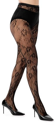 Kiiwah Medias Encaje Negro Mujer, Sexy Elásticas Medias de Rejilla Negras, Floral Lace Pantimedias Mujer, Media Estampadas Fantasia para Carnaval Halloween Clubes Fiesta Citas