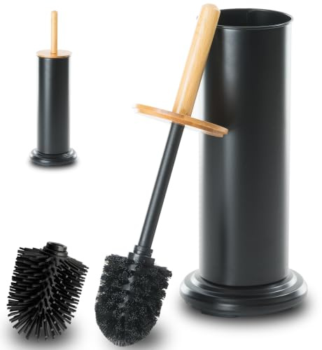 Leadfun Klobürste, Toilettenbürste mit Bambus-Griff, WC Bürste mit Metallhalterung, Zwei Bürstenköpfe, Beschwerte Sockel (Schwarz)